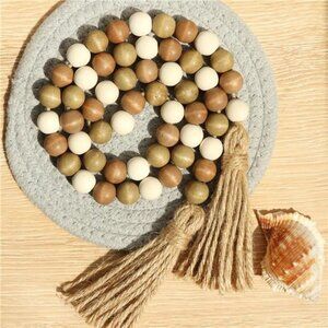 Wood Bead Garland, 39in Farmhouse Beads with Tassels Boho Beads for Tiered Tray